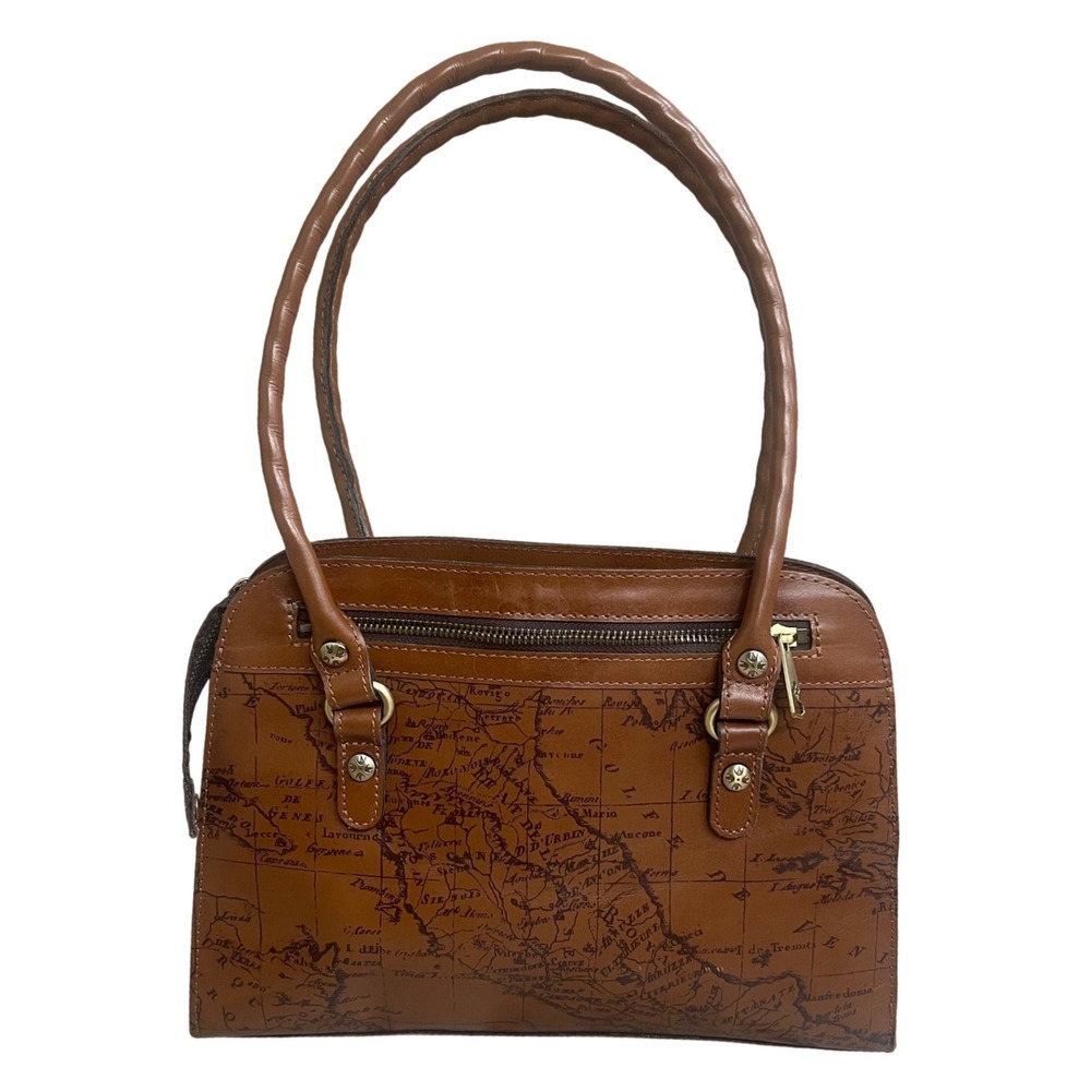 Patricia Nash Leather Map Print Satchel Shoulder Bag Cognac Brown purse